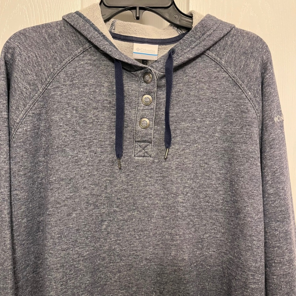 Columbia Womens Blue Marl Henley Hoodie Sweatshirt Size L French Terry Pullover